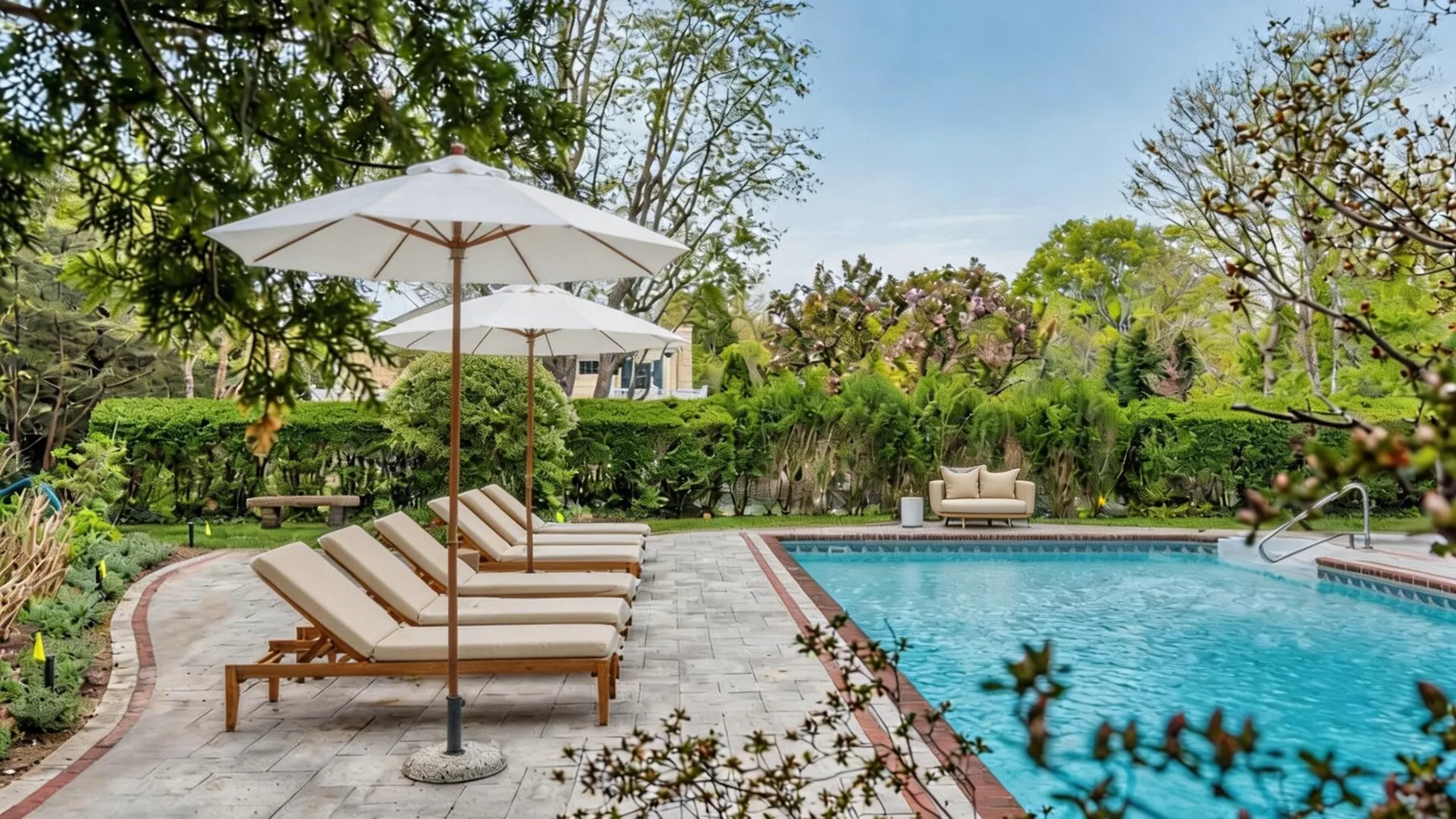 Una piscina al aire libre junto a un patio pavimentado con tumbonas y sombrillas.
