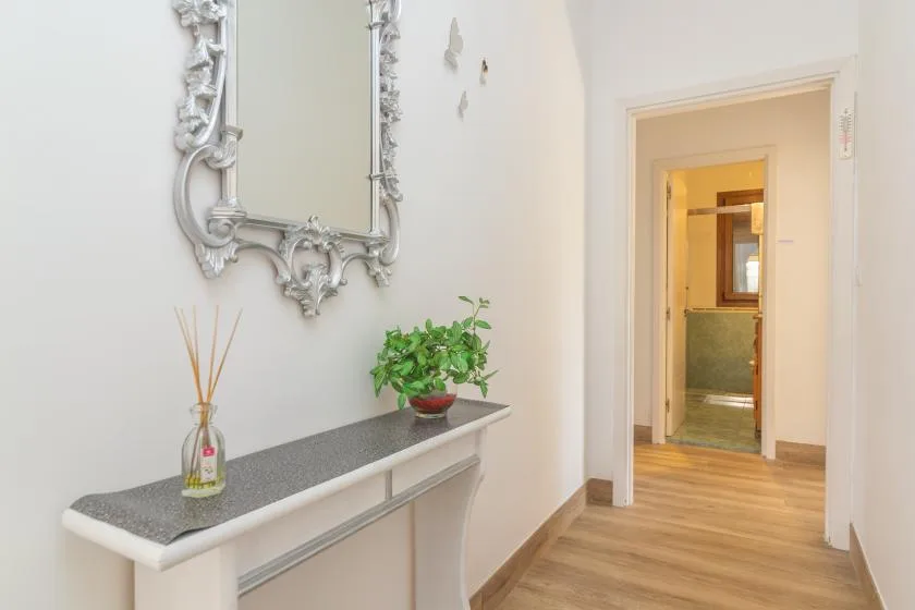 A bright hallway features a narrow console table beneath an ornate wall mirror.