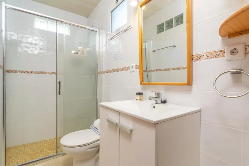A bathroom with a glass shower, toilet, and sink.