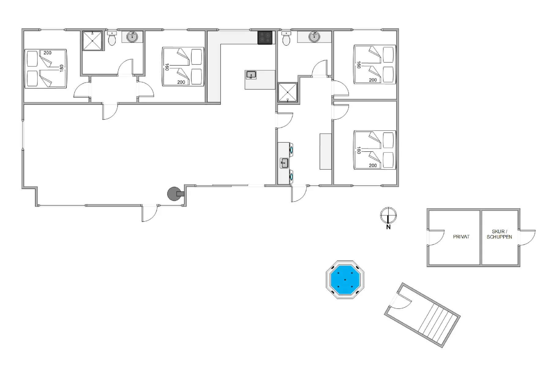 Un plano muestra la distribución de la casa, con una zona separada de spa y sauna.