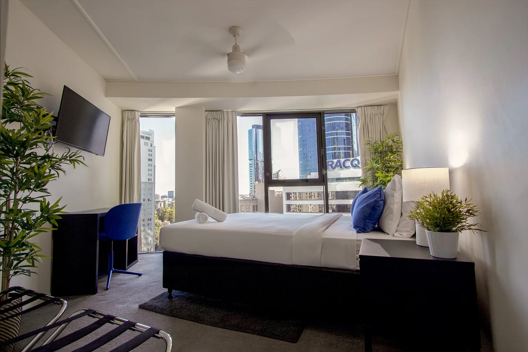 A bedroom with a neatly made bed, bedside table, and large windows.