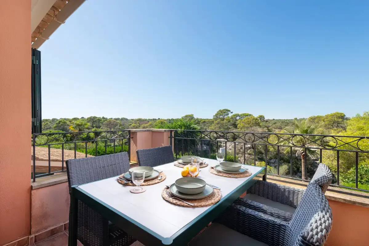 An outdoor dining table with place settings overlooks a tree-lined landscape from a terrace.