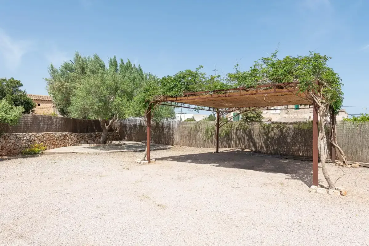 An outdoor courtyard with a vine-covered pergola and gravel ground.