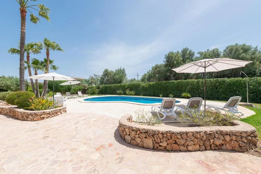 An outdoor pool sits beside a paved patio with loungers and umbrellas.