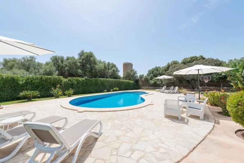 An outdoor swimming pool sits in a paved patio with lounge seating and umbrellas.