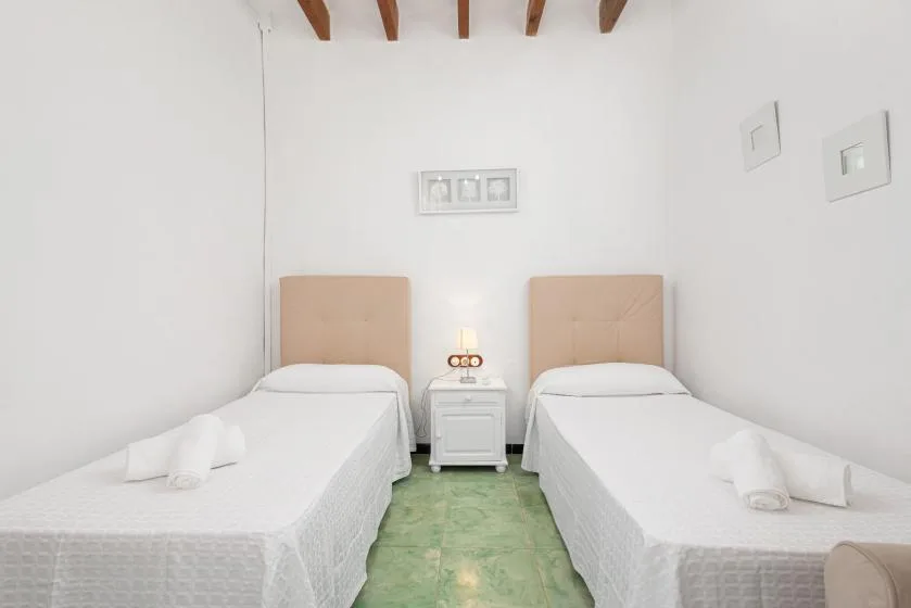 A bright bedroom with two single beds and a small bedside table.