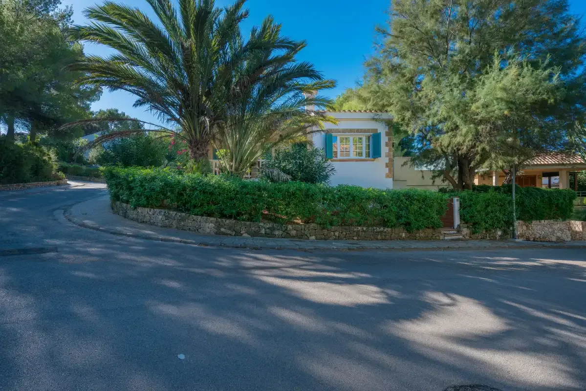 Una casa está detrás de un seto verde y palmeras junto a una carretera.