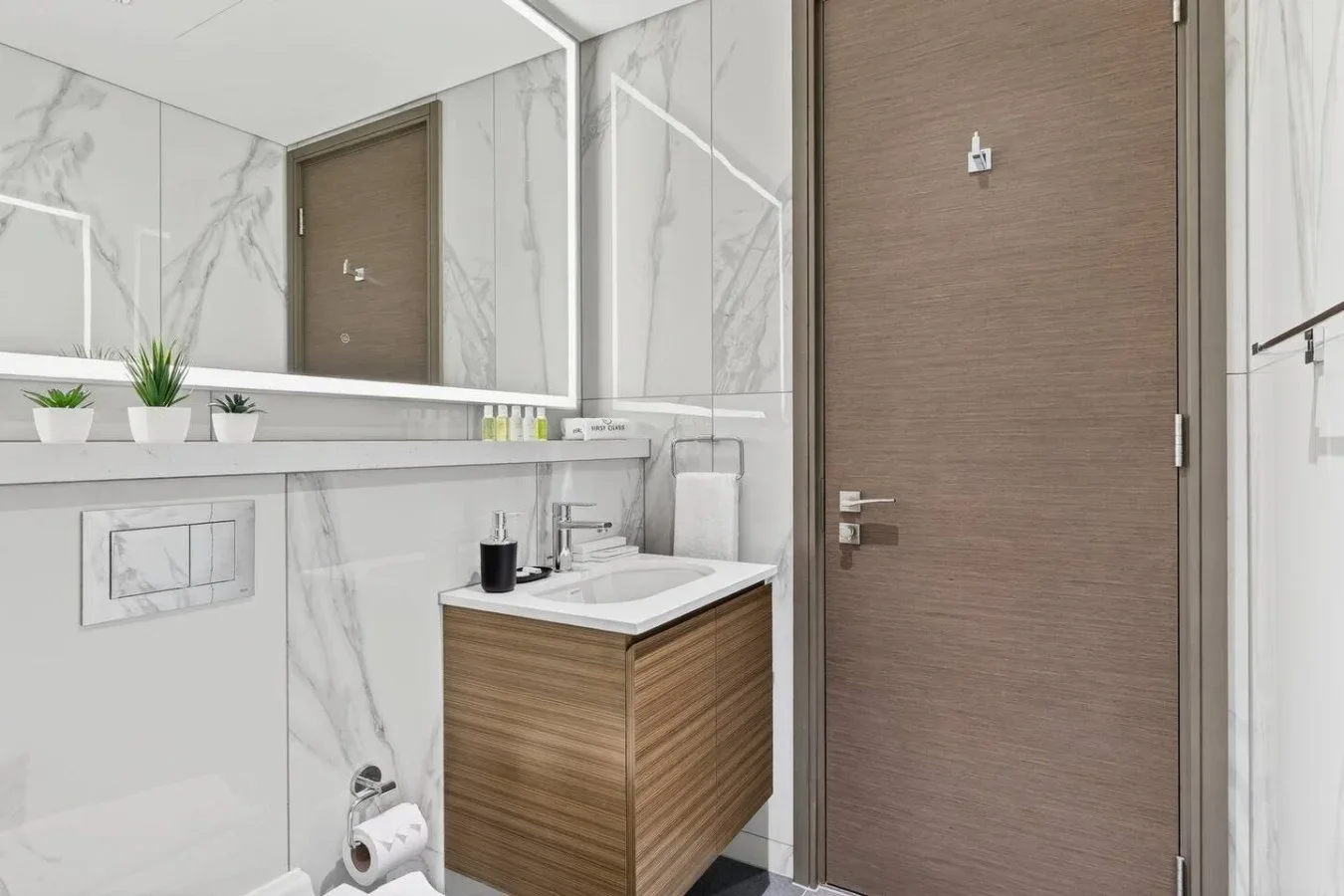 Un lavabo de baño con espejo está junto a una puerta de madera cerrada.
