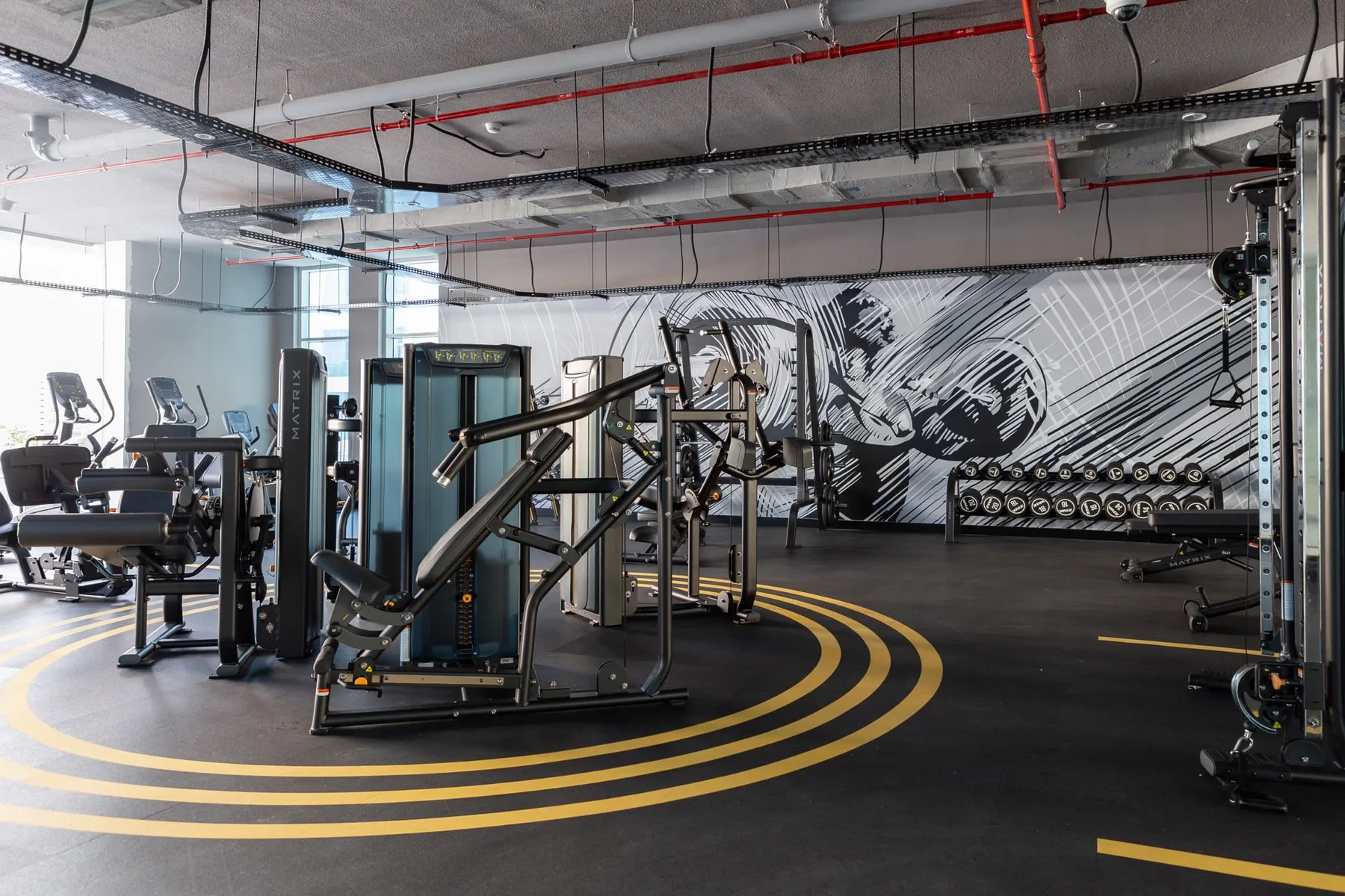 A gym with exercise machines, free weights, and a large black-and-white wall mural.