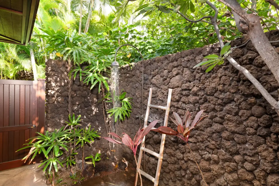 A tropical outdoor shower area with leafy plants beside a stone wall.
