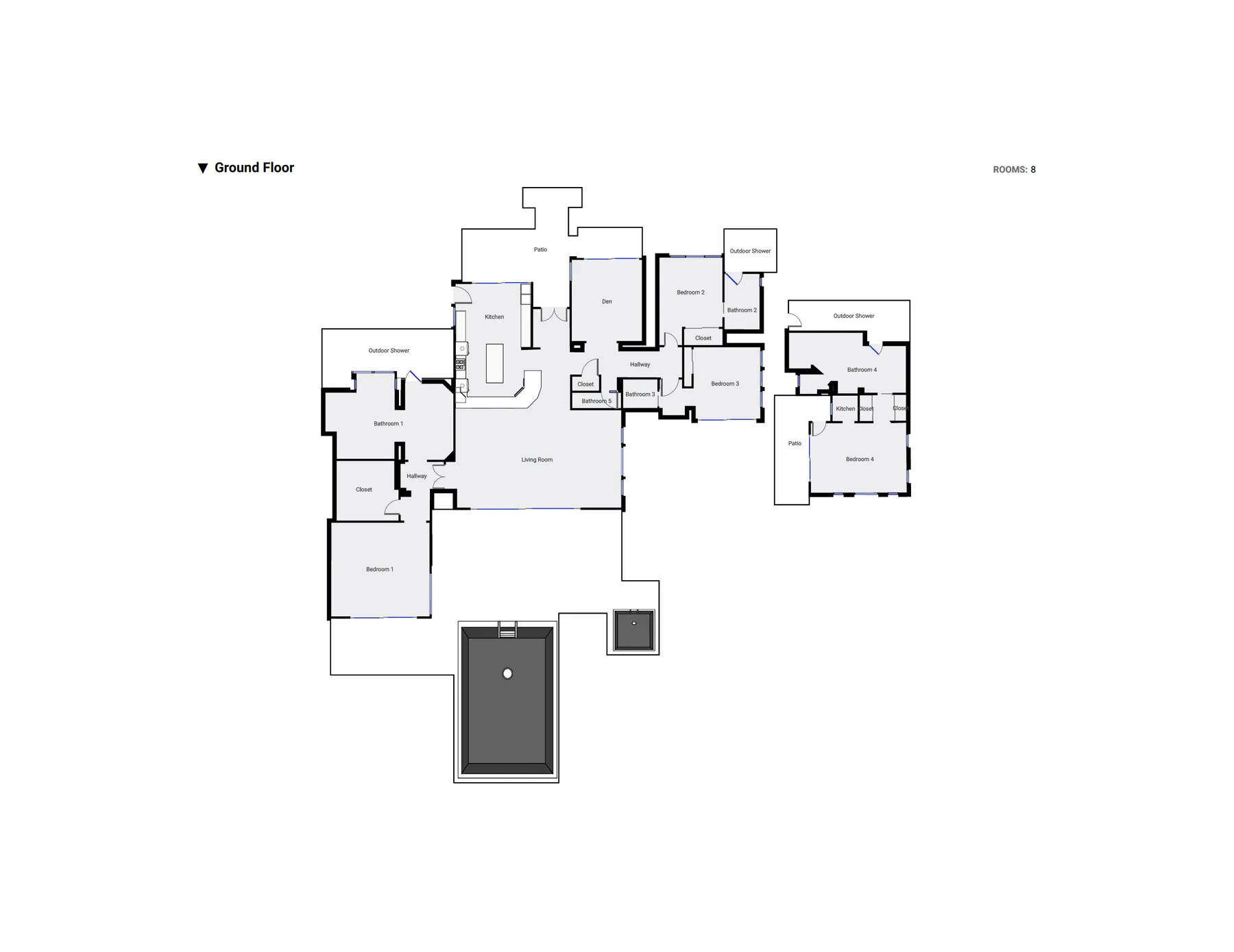 A ground-floor plan shows several connected rooms and a central open area.
