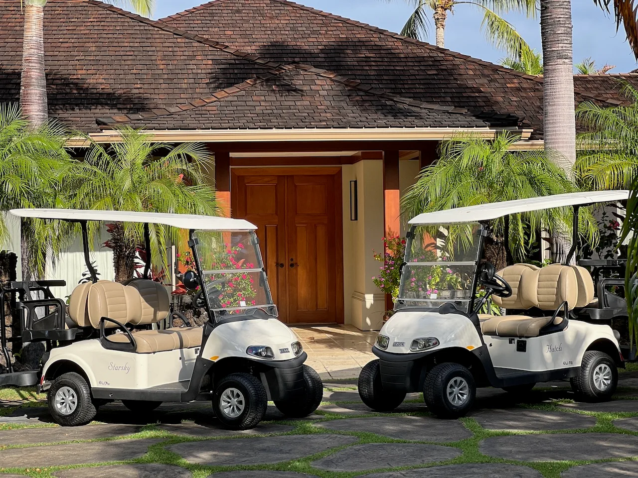 A tropical building entrance framed by palm trees and two parked golf carts.
