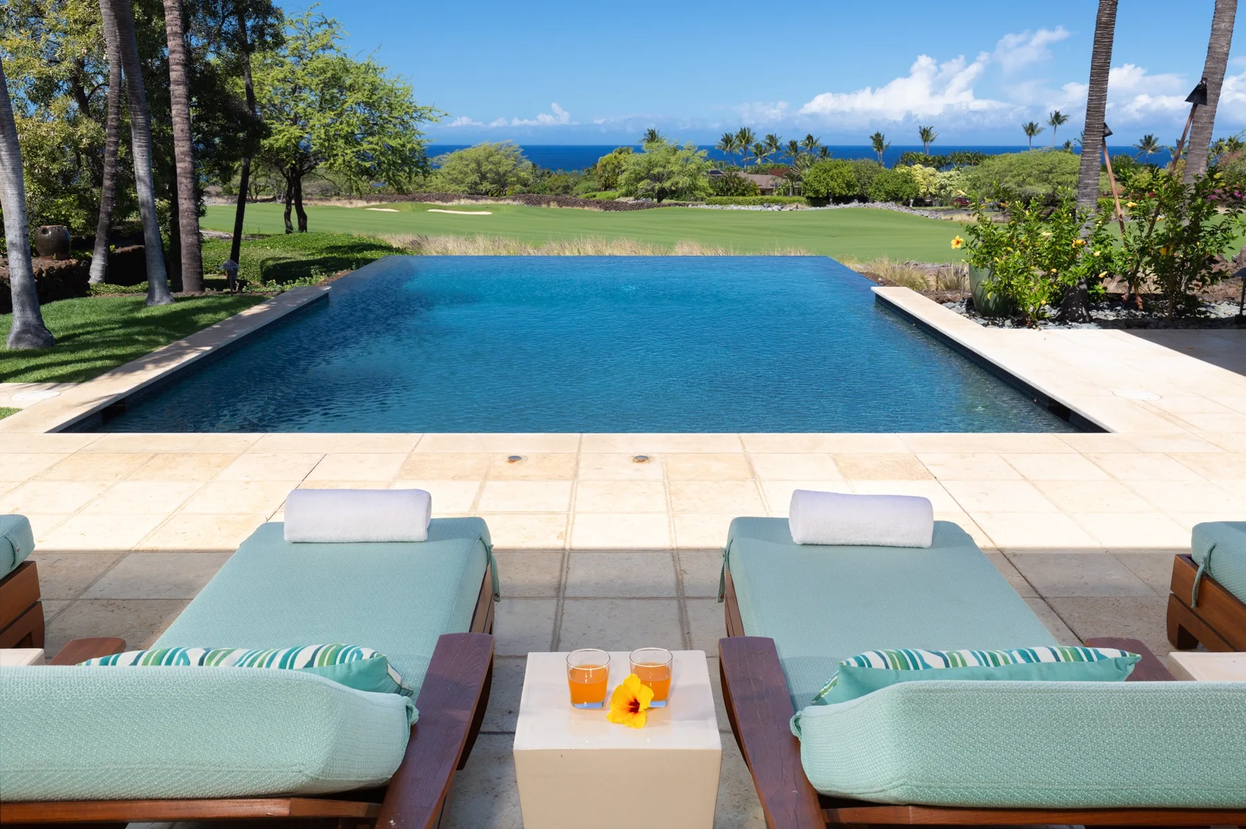A swimming pool overlooks a landscaped garden and the ocean.