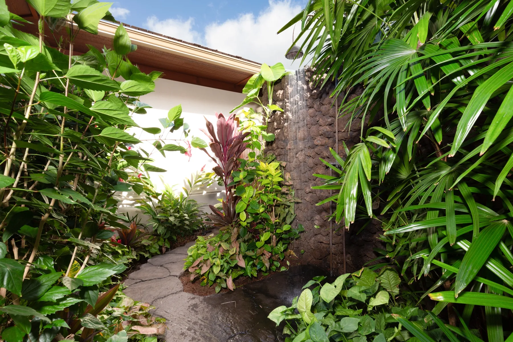 A leafy outdoor garden path passes beside a stone wall.