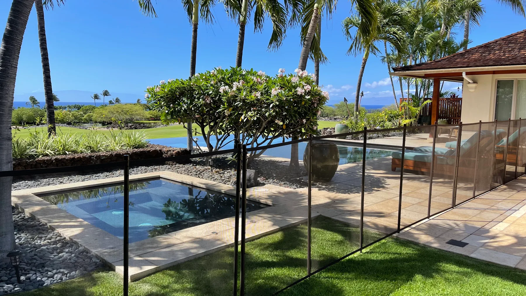 Outdoor pool beside a glass fence, with palm trees and ocean views.