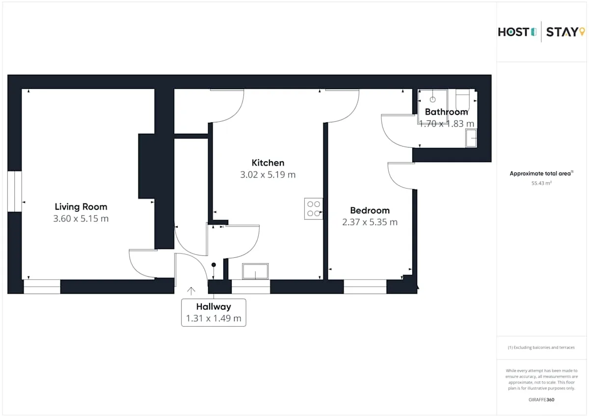 Floor plan showing a living room, kitchen, bedroom, bathroom, and hallway.
