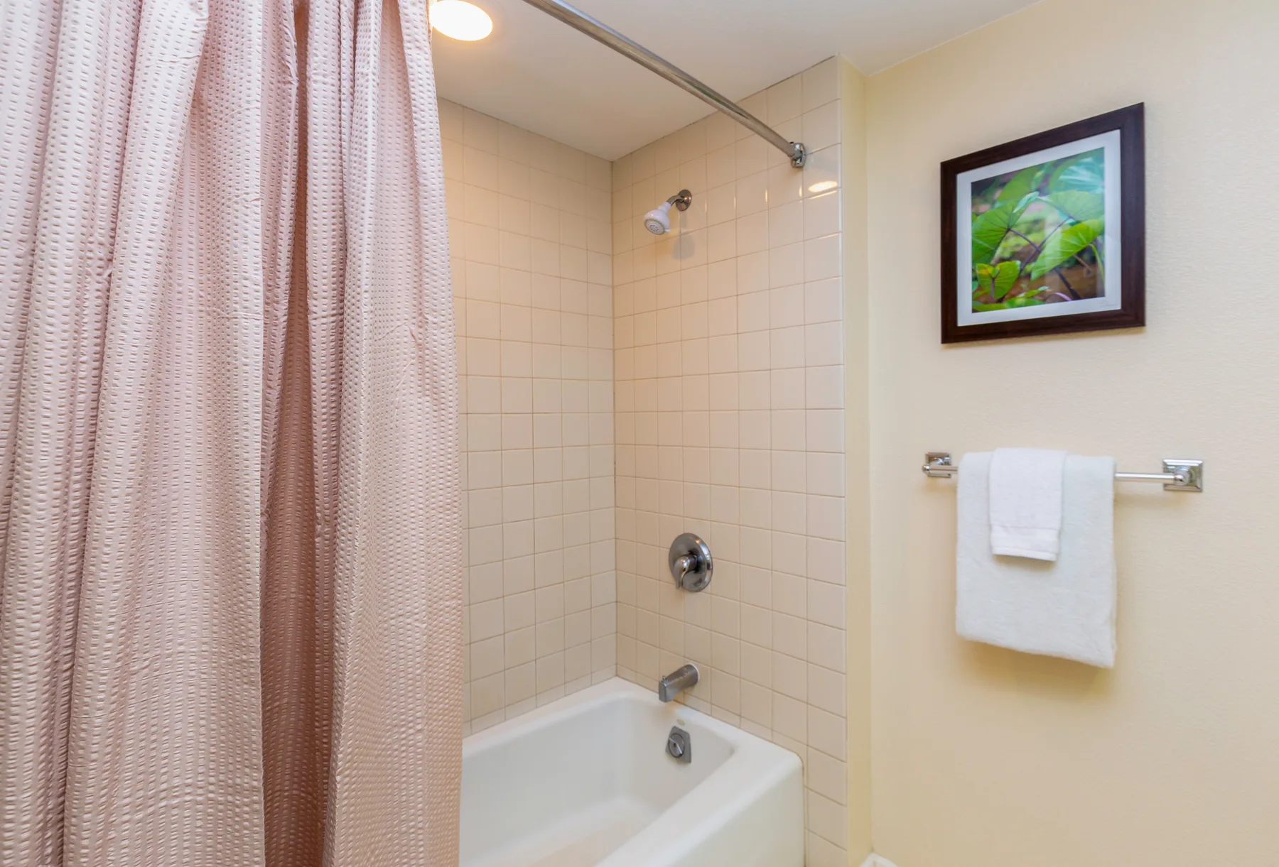 Una ducha y bañera de baño con azulejos quedan detrás de una cortina.