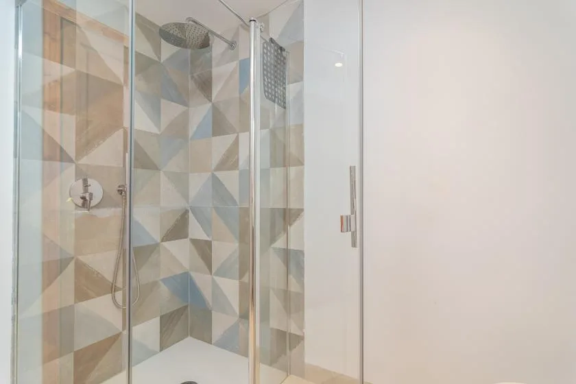 A glass-enclosed shower with geometric patterned wall tiles.