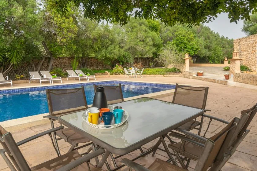 A patio dining table overlooks a swimming pool surrounded by trees.