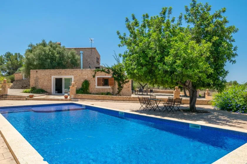 An outdoor swimming pool beside a stone house and shaded patio.