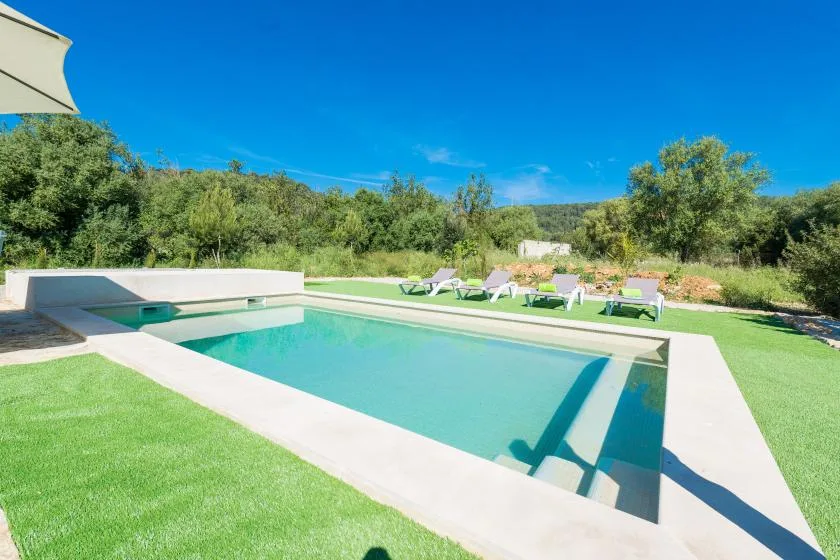 Una piscina al aire libre está rodeada de césped, asientos reclinables y árboles.
