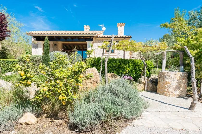 Una casa de piedra se encuentra detrás de un sendero de jardín y plantas frondosas.