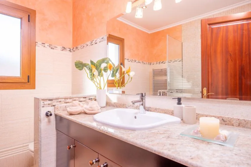 A bathroom vanity with a white sink, mirror, and orange walls.