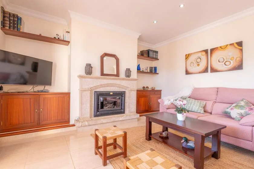 A living room with a fireplace, television, and pink seating.