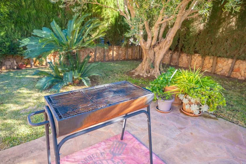 A garden patio with a metal barbecue grill and potted plants.