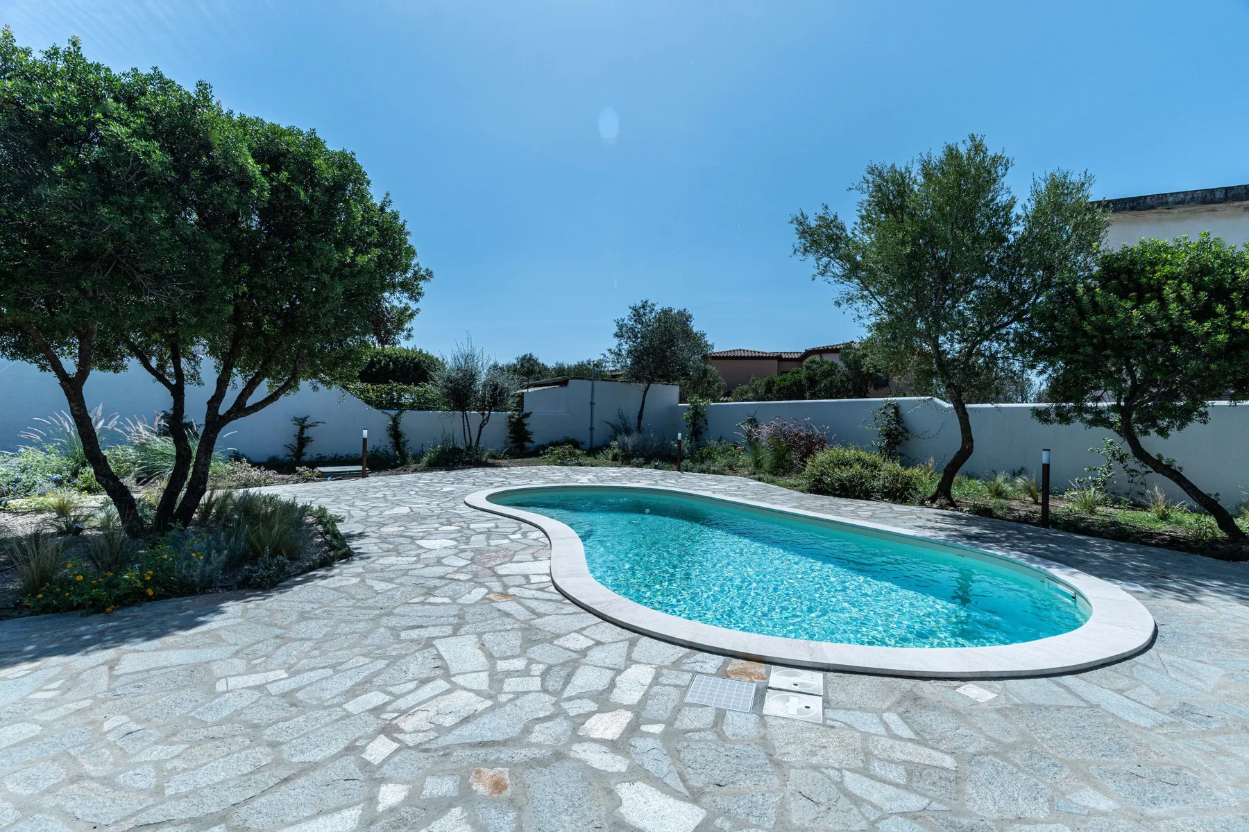 Una piscina curva está en un patio pavimentado rodeado de árboles y arbustos.