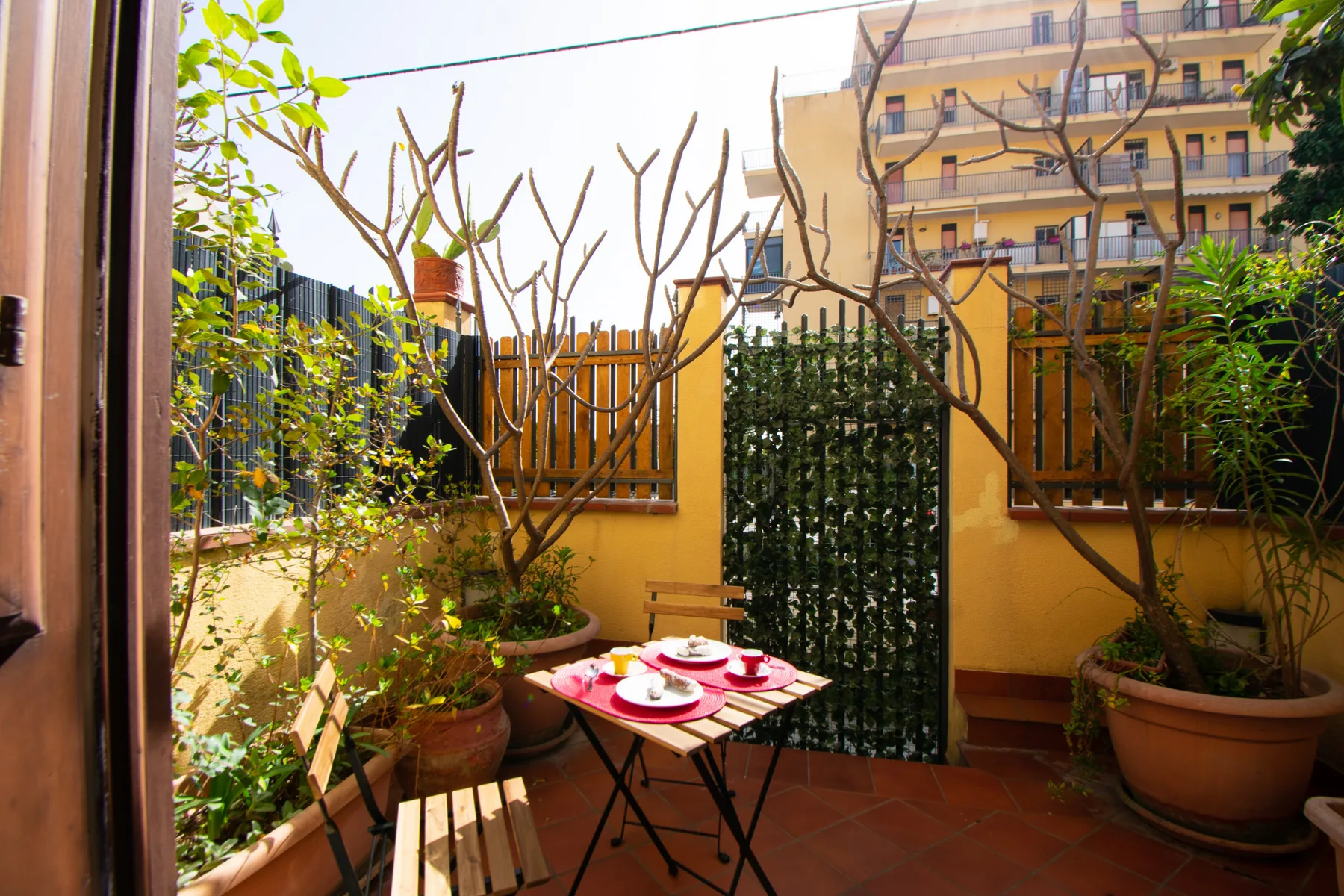 Un pequeño patio con una mesa, sillas, plantas en macetas y una puerta cubierta de hojas.
