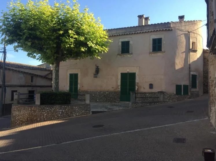 A two-story building with pale walls and green shutters stands beside a leafy tree.