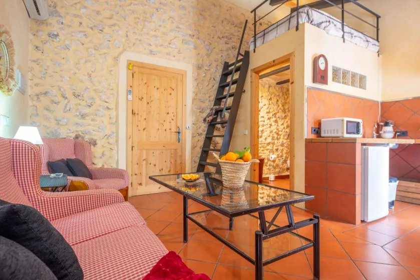 A rustic living area with patterned seating, a coffee table, and a small kitchenette.