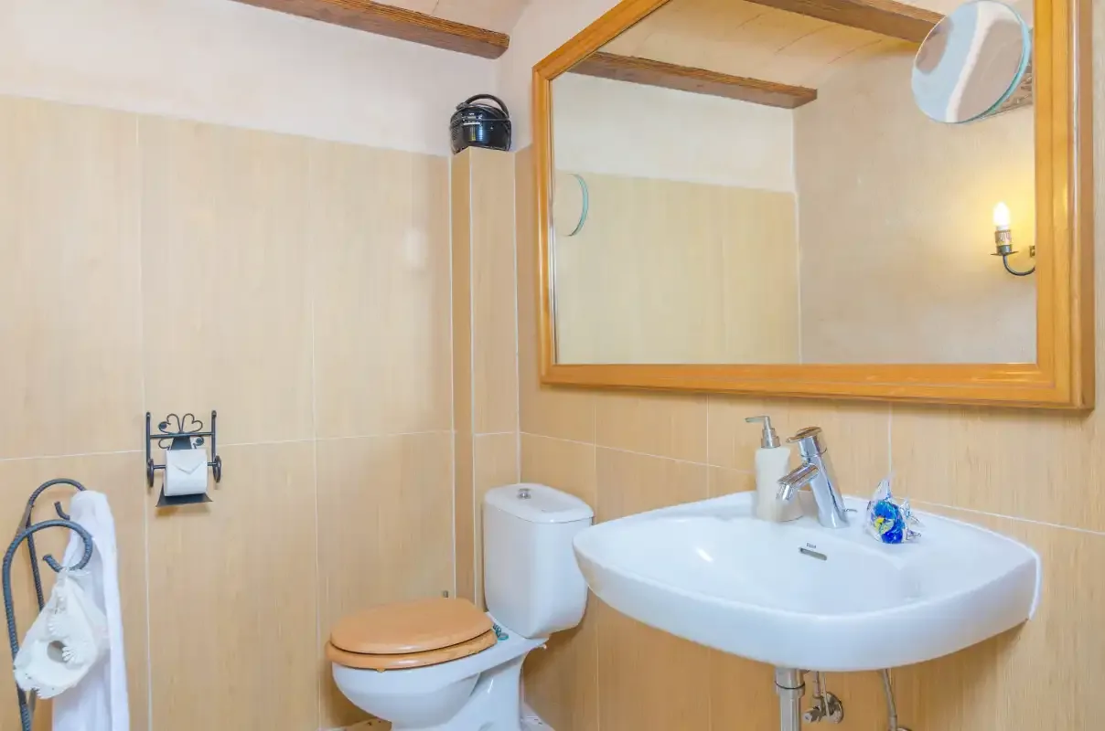 A bathroom with a sink, toilet, and large wall mirror.
