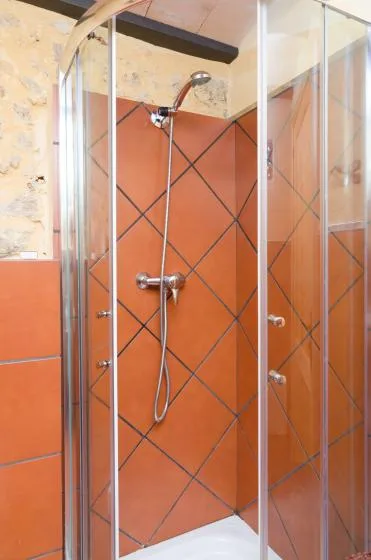 A glass shower with orange tiled walls and a handheld showerhead.