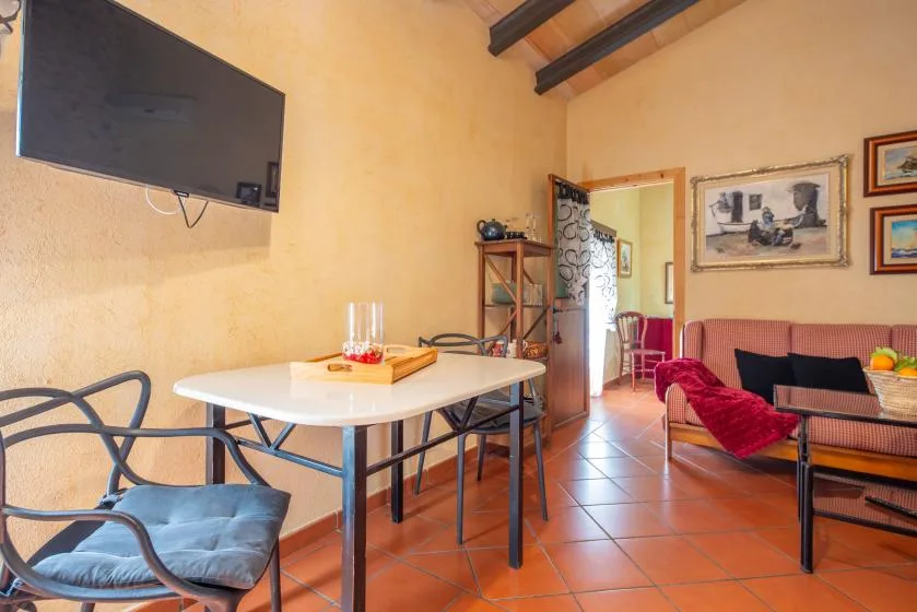 A sitting area with a dining table, chairs, and a television.