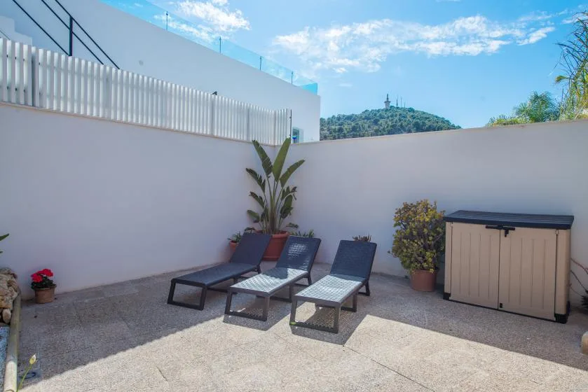 An outdoor patio with lounge seating, potted plants, and a storage cabinet.