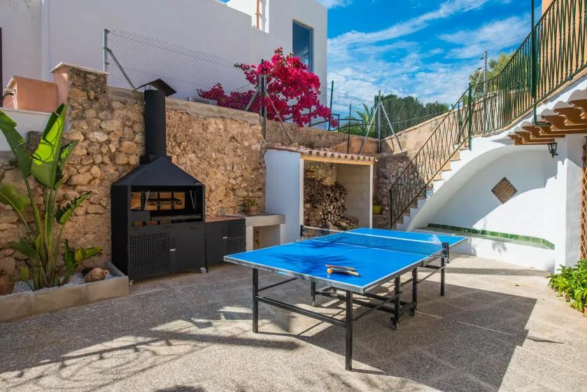 An outdoor recreation area with a blue table tennis table and barbecue.