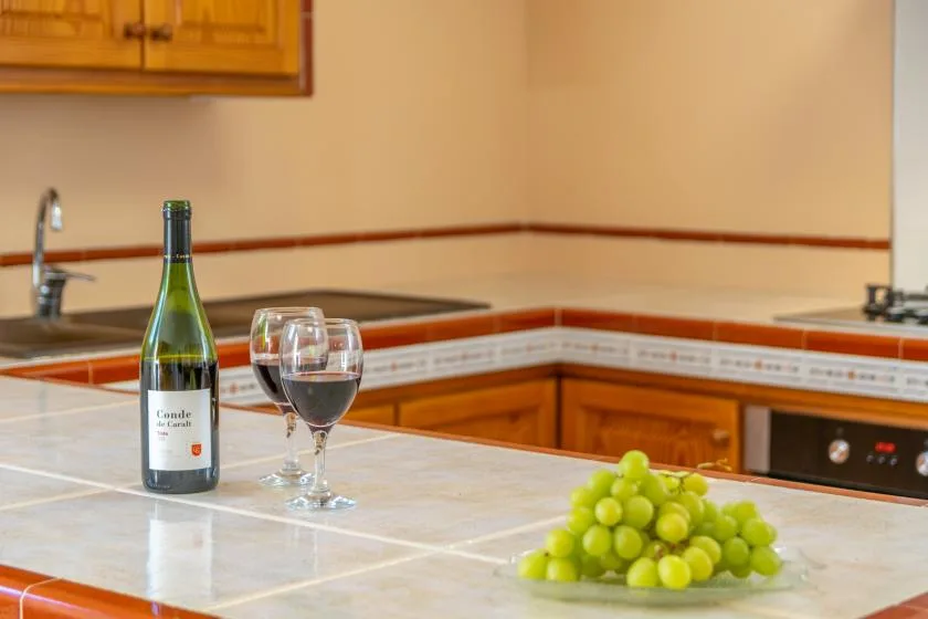 Kitchen counter with a bottle of wine, two glasses, and green grapes.
