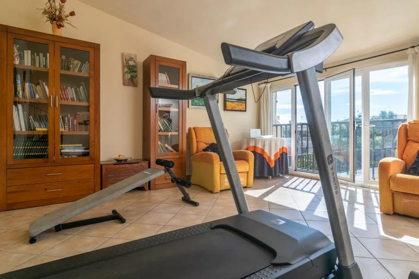 A treadmill stands in a sunlit living room with glass doors opening onto a balcony.