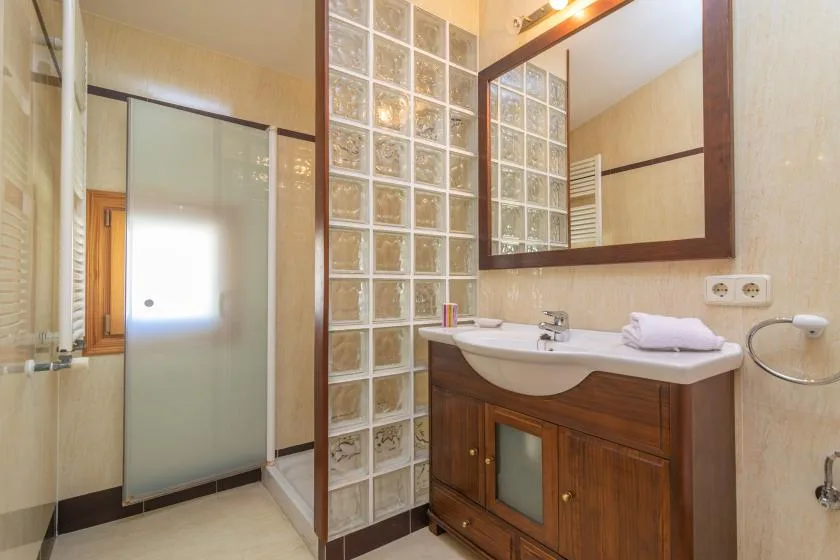 A bathroom with a glass-block partition and a sink vanity.