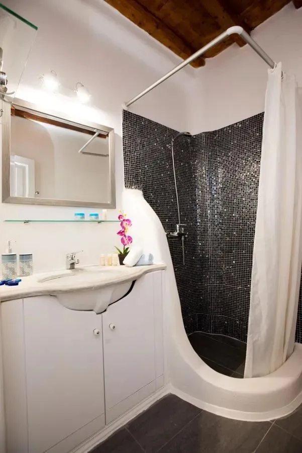 Un baño con lavabo y una zona de ducha curva.