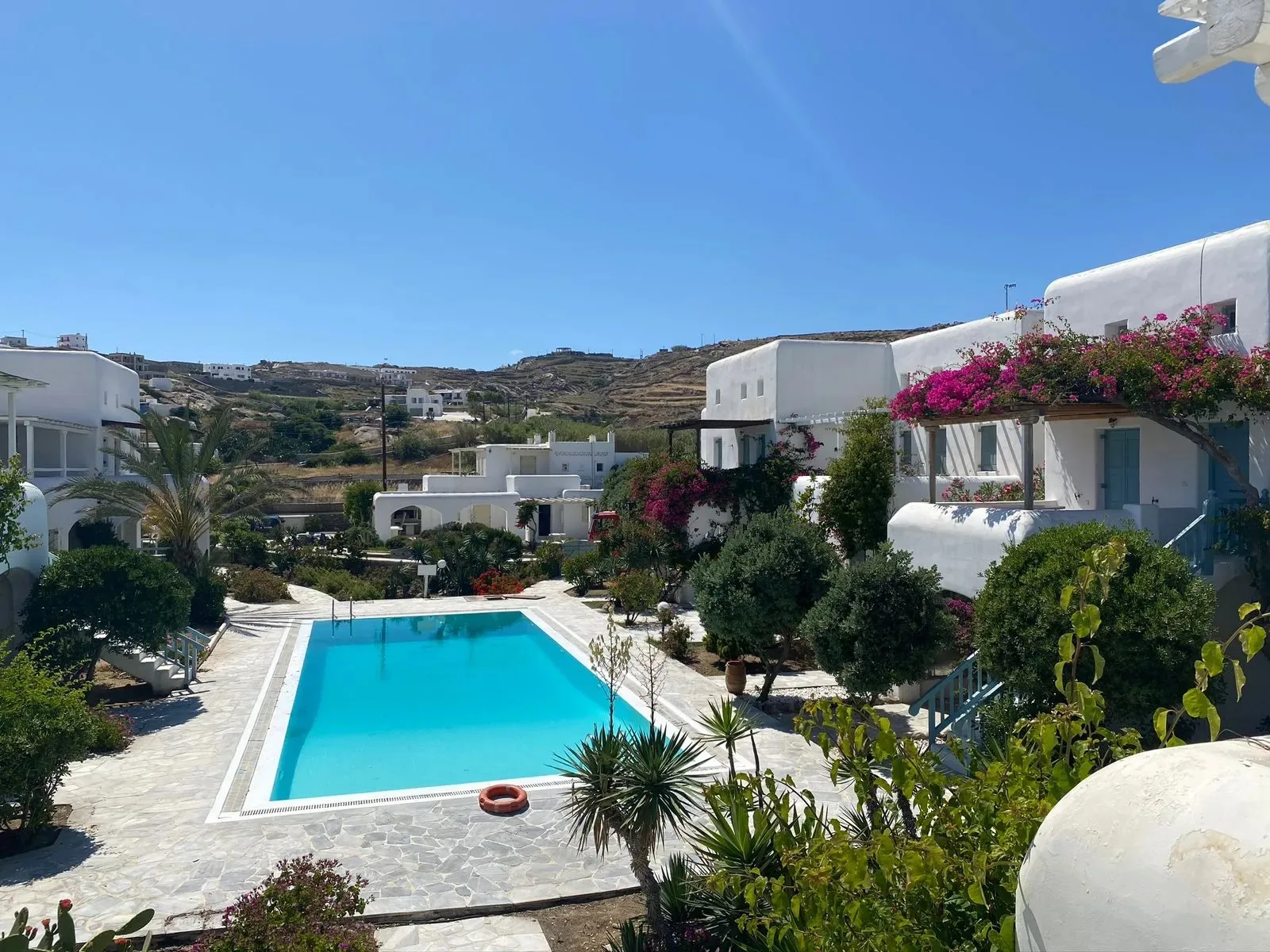 Una piscina está rodeada de edificios blancos y plantas con flores.
