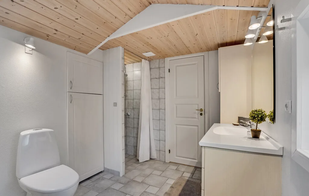 Un baño con inodoro, ducha y lavabo bajo un techo revestido de madera.