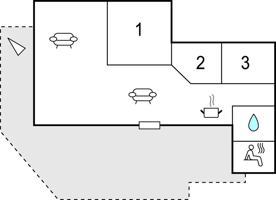 Un plano sencillo muestra zonas de asientos, tres habitaciones numeradas y un baño.