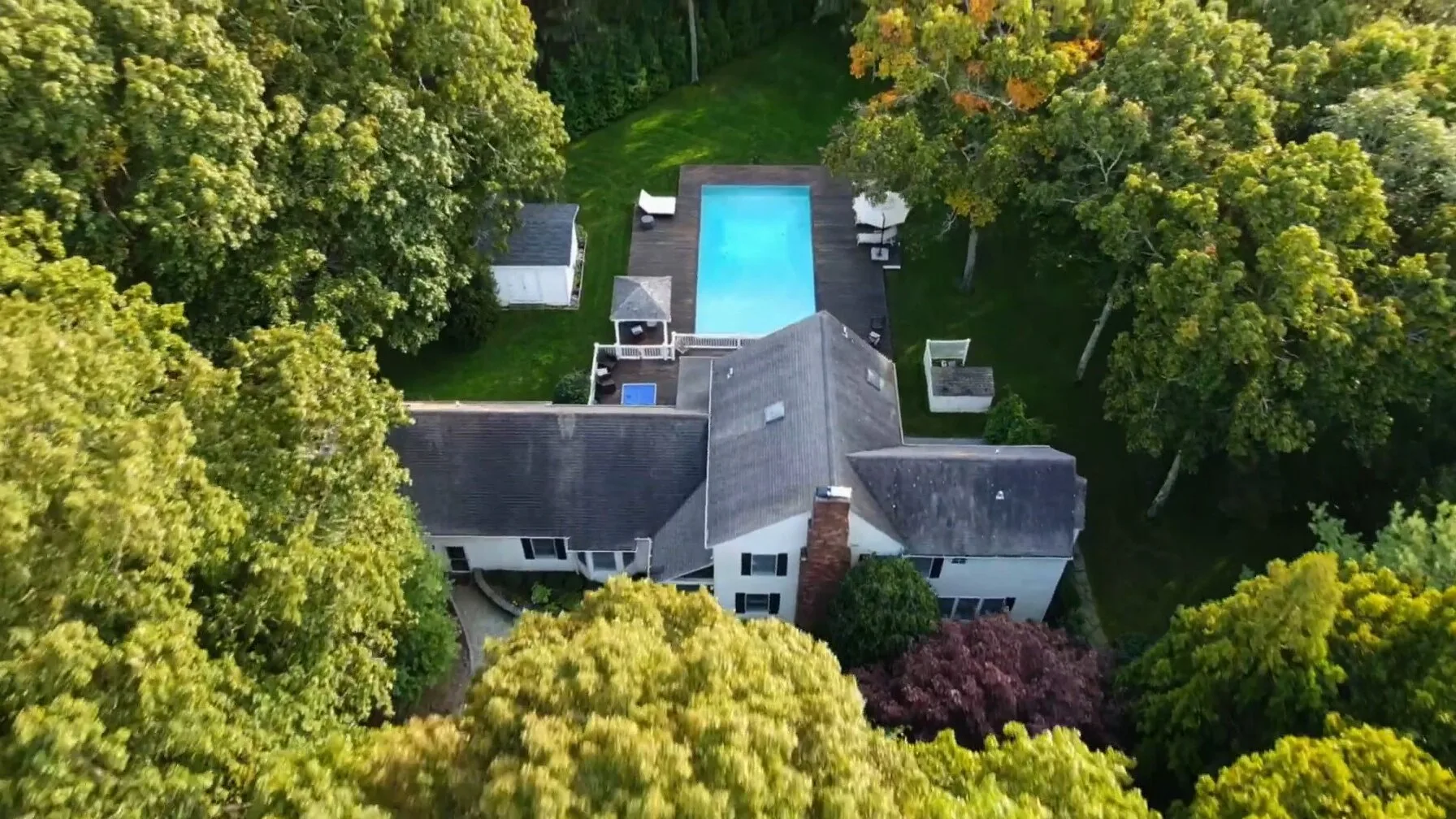 Vista aérea de una casa y una piscina rectangular rodeadas de árboles.