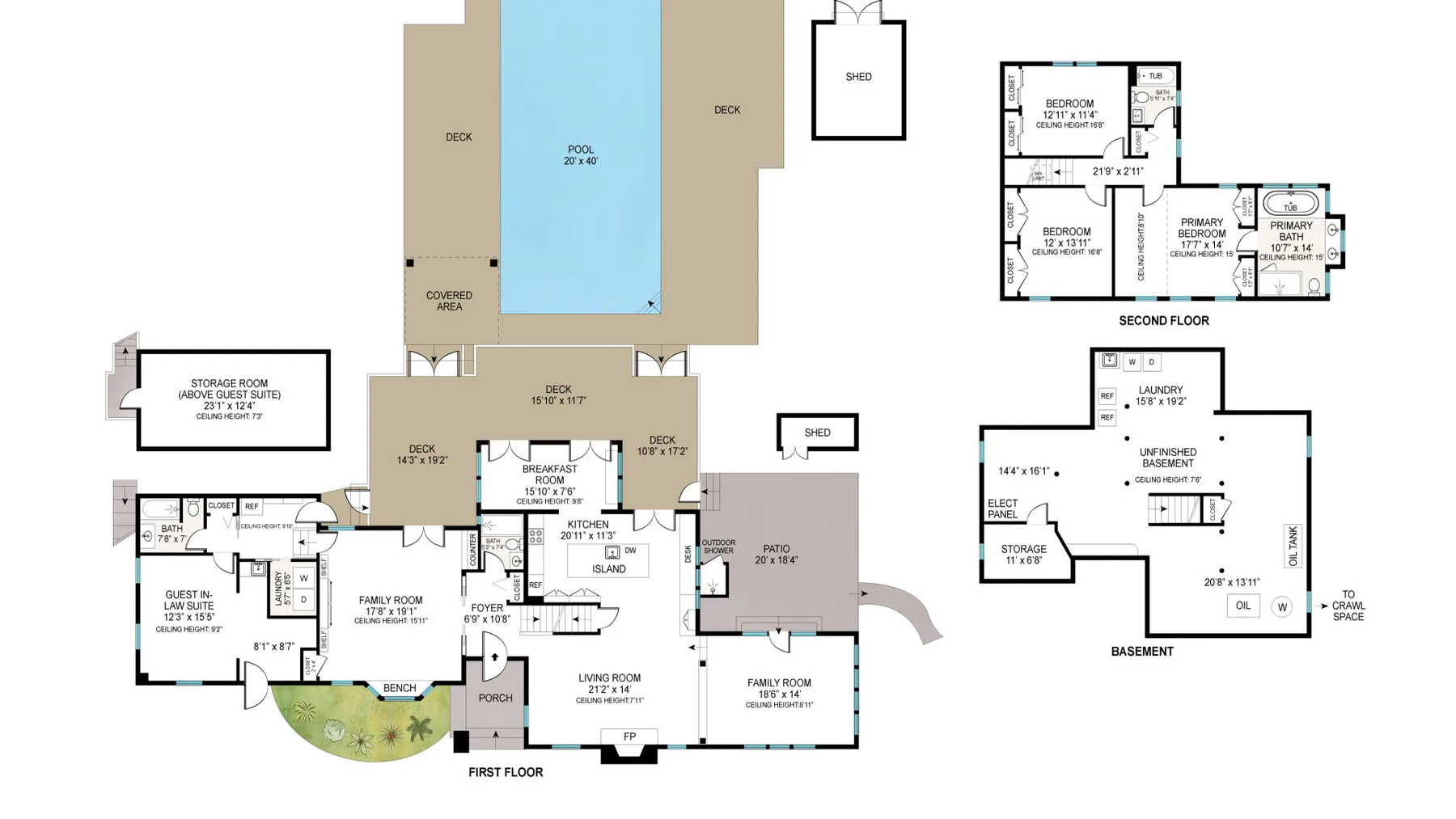 Un plano de una casa de varios niveles muestra habitaciones, una piscina y áreas exteriores.
