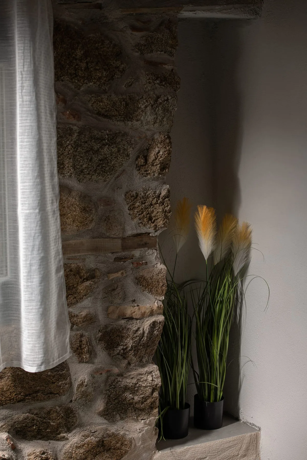 Pared de piedra tradicional con cortina y plantas