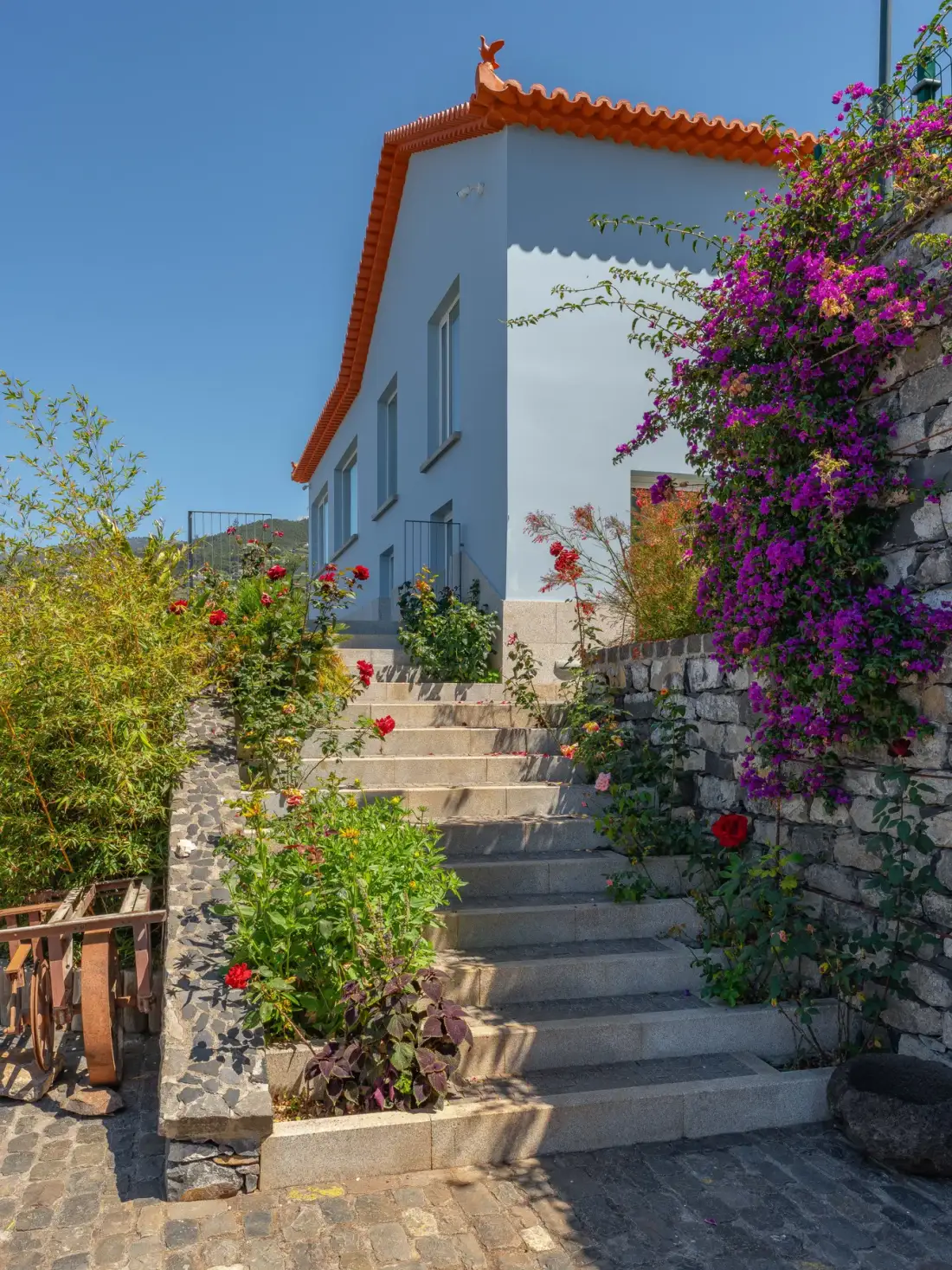 A blue house stands above stone steps surrounded by flowering plants.
