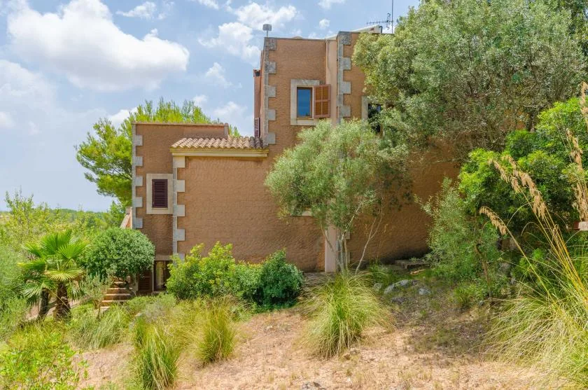 A multi-story brick building stands among trees and dry grass.